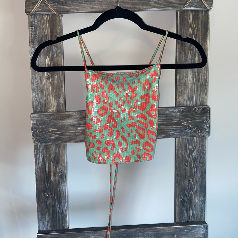 MOTEL ROCKS CHEETAH PRINT SEQUIN LACE UP CROP TOP